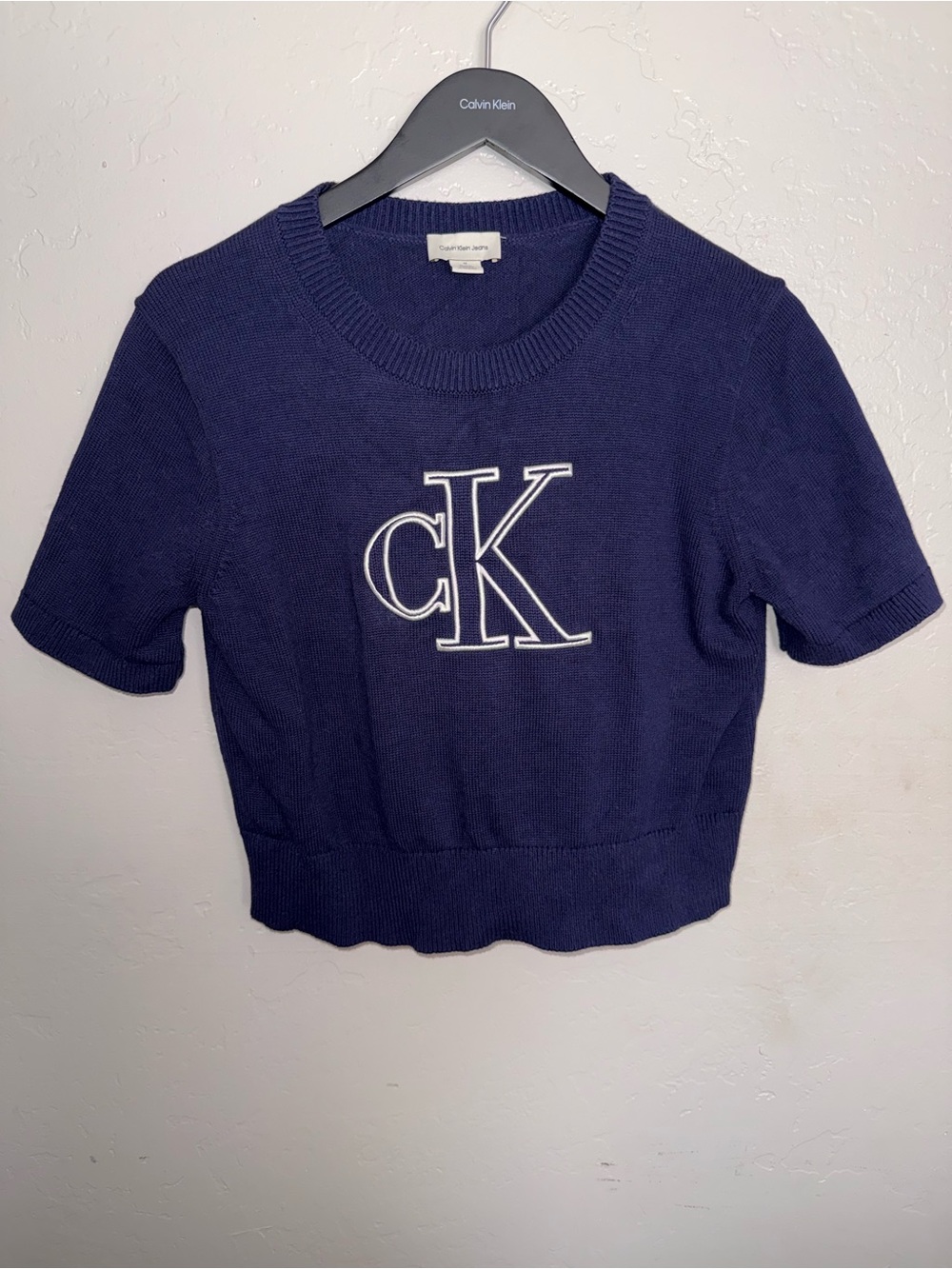 Calvin Klein Jeans Navy Blue Short Sleeve CK Logo Crop Sweater Top